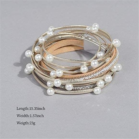 Leather Pearl Wrap Bracelet - Clasp Bangle for Women - Picture 2 of 6